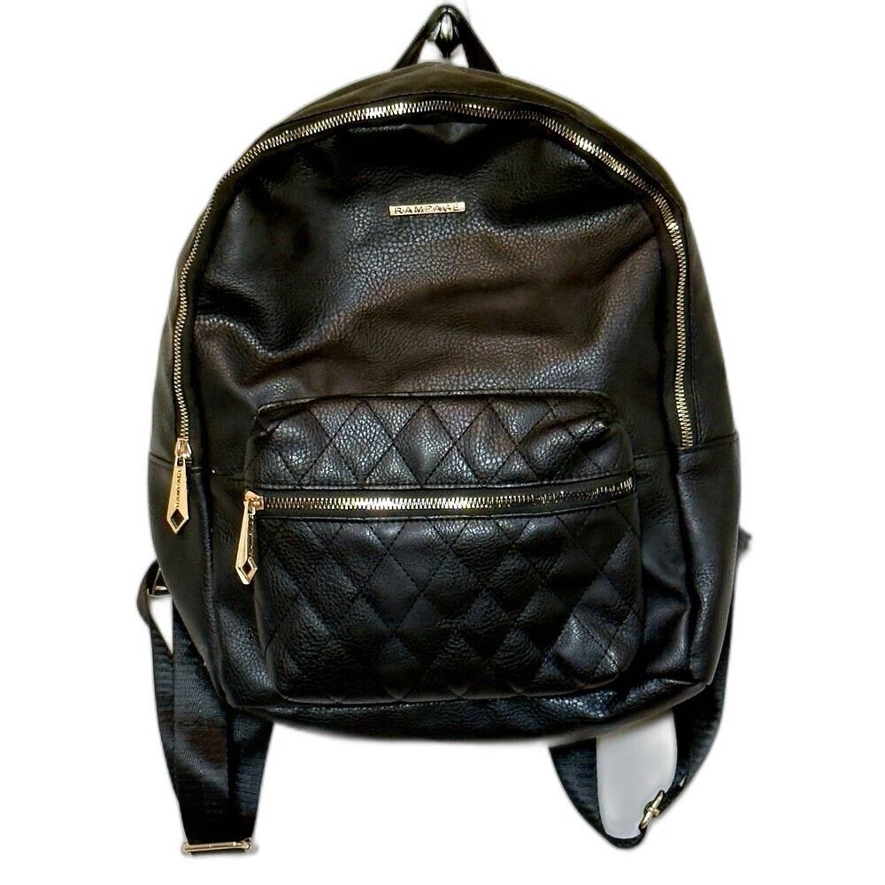 Rampage Black Quilted Faux Leather Backpack Gold Zipper School Bag Travel Purse